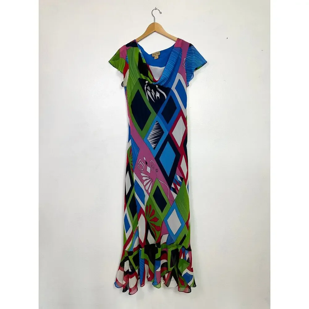 Y2K Colorful Bias Cut Flutter Dress size large - Picture 2 of 8